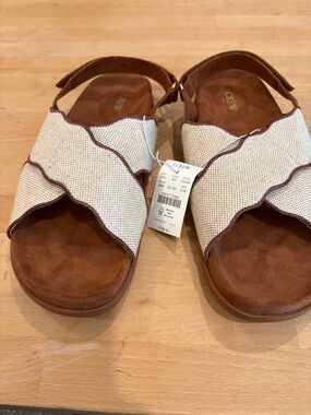 J. Crew Cream and Brown Scalloped Strap Slingback Sandals